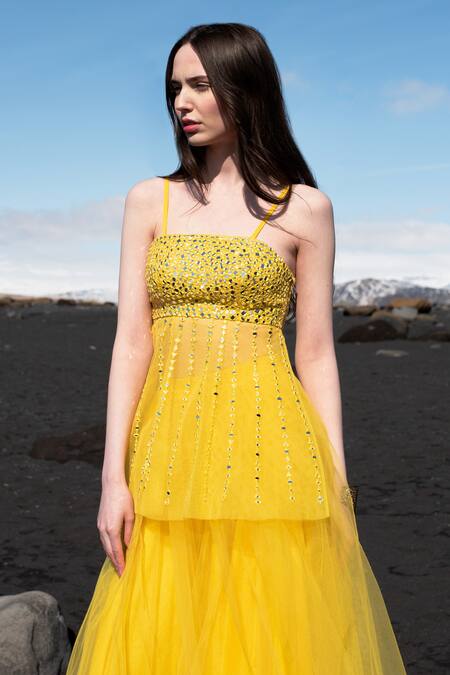 Buy Dash And Dot Yellow Nylon Mirrors Square Neck Embroidered Peplum Top Online at Aza Fashions Buy_Dash And Dot_Yellow Nylon Mirrors Square Neck Embroidered Peplum Top _Online_at_Aza_Fashions