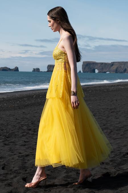 Shop Dash And Dot Yellow Nylon Mirrors Square Neck Embroidered Peplum Top Online at Aza Fashions Shop_Dash And Dot_Yellow Nylon Mirrors Square Neck Embroidered Peplum Top _Online_at_Aza_Fashions