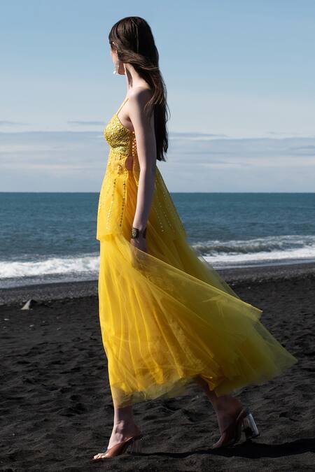 Dash And Dot Yellow Nylon Mirrors Square Neck Embroidered Peplum Top at Aza Fashions Dash And Dot_Yellow Nylon Mirrors Square Neck Embroidered Peplum Top _at_Aza_Fashions