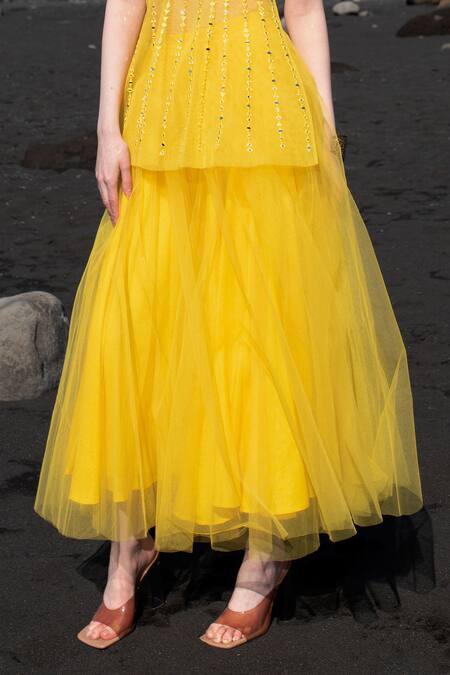 Dash And Dot_Yellow Nylon Layered Skirt _Online_at_Aza_Fashions