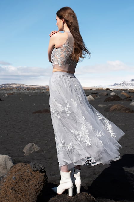 Shop_Dash And Dot_Grey Nylon Embroidery Ribbon Skirt _at_Aza_Fashions
