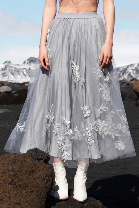 Dash And Dot_Grey Nylon Embroidery Ribbon Skirt _Online_at_Aza_Fashions
