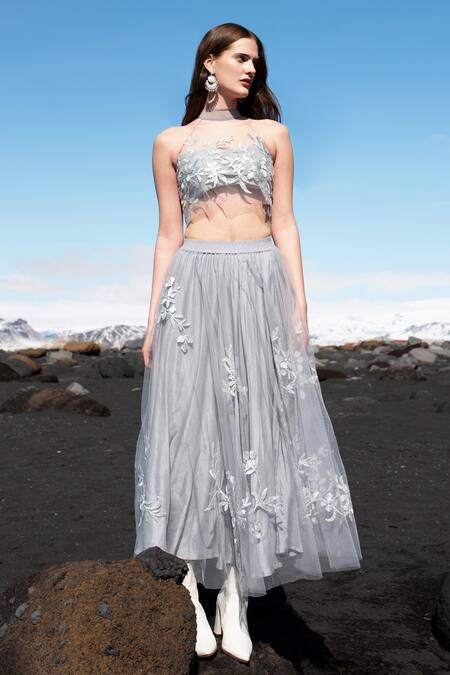 Buy_Dash And Dot_Grey Nylon Embroidery Ribbon Skirt _Online_at_Aza_Fashions