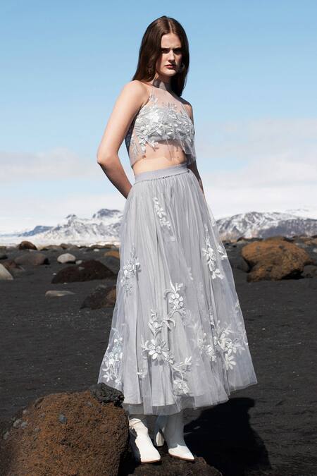 Shop_Dash And Dot_Grey Nylon Embroidery Ribbon Skirt _Online_at_Aza_Fashions