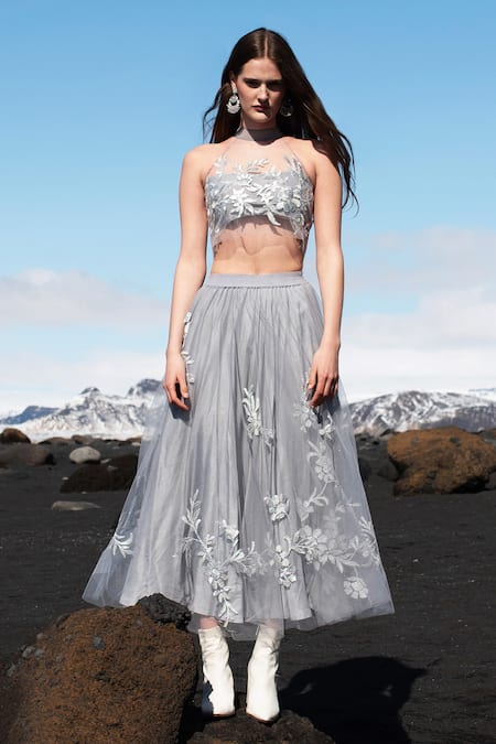 Dash And Dot_Grey Nylon Embroidery Ribbon Skirt _at_Aza_Fashions