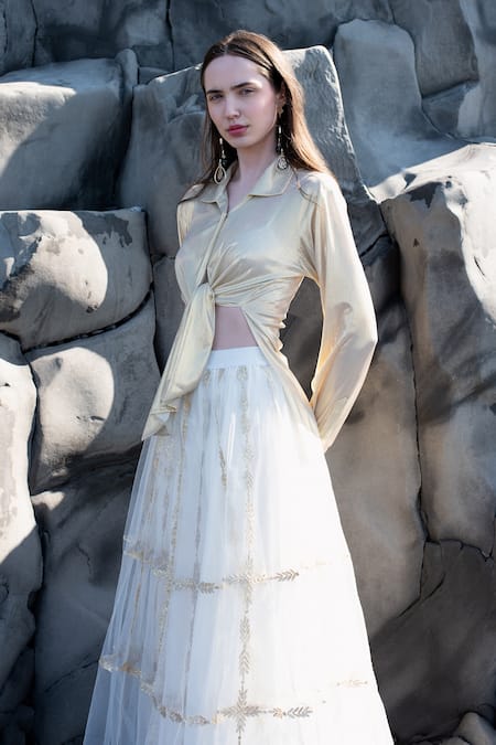 Dash And Dot_White Nylon Gota Patti Embroidered Skirt _Online_at_Aza_Fashions