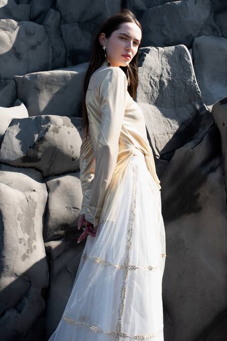 Buy_Dash And Dot_White Nylon Gota Patti Embroidered Skirt _Online_at_Aza_Fashions