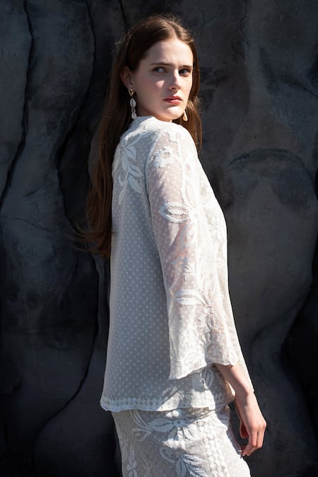 Shop_Dash And Dot_White Cotton, Viscose Embroidery Round Neck Ribbon Top _at_Aza_Fashions