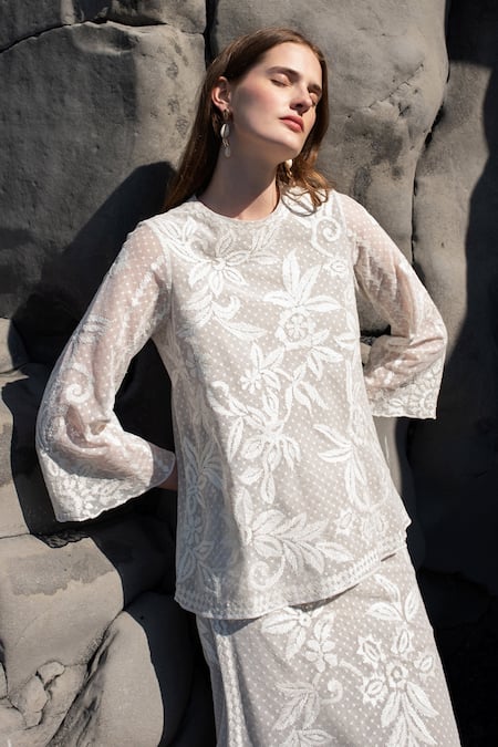 Buy_Dash And Dot_White Cotton, Viscose Embroidery Round Neck Ribbon Top _Online_at_Aza_Fashions
