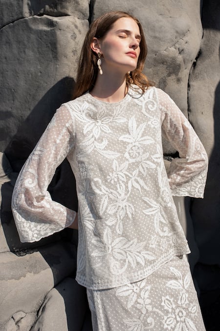 Shop_Dash And Dot_White Cotton, Viscose Embroidery Round Neck Ribbon Top _Online_at_Aza_Fashions