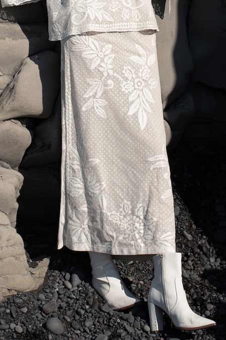 Shop_Dash And Dot_White Cotton, Viscose Embroidery Ribbon Straight Skirt _at_Aza_Fashions