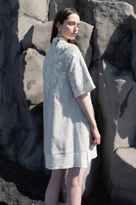 Dash And Dot_White Cotton, Viscose Embroidery Collared Ribbon Shirt Dress_Online_at_Aza_Fashions
