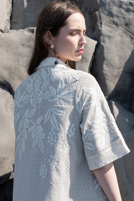 Buy_Dash And Dot_White Cotton, Viscose Embroidery Collared Ribbon Shirt Dress_Online_at_Aza_Fashions