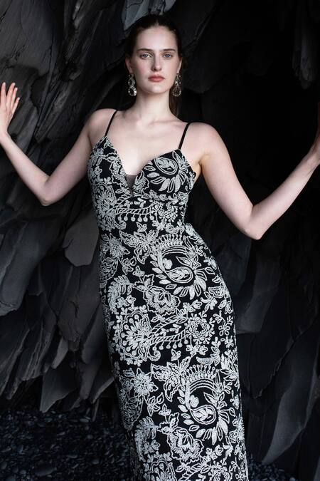 Shop_Dash And Dot_Black Viscose Sequins Halter Neck Signature Embroidered Dress _Online_at_Aza_Fashions