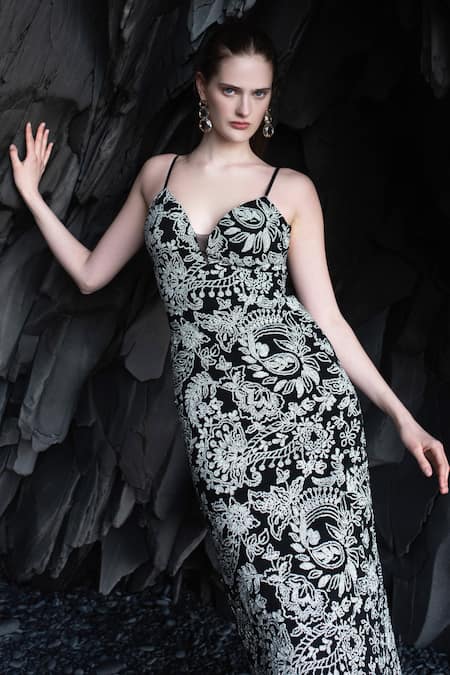 Dash And Dot_Black Viscose Sequins Halter Neck Signature Embroidered Dress _at_Aza_Fashions