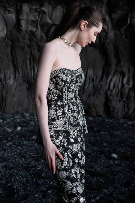 Dash And Dot_Black Polyester, Viscose, Spandex Embroidery Metallic Corset Peplum Top_at_Aza_Fashions