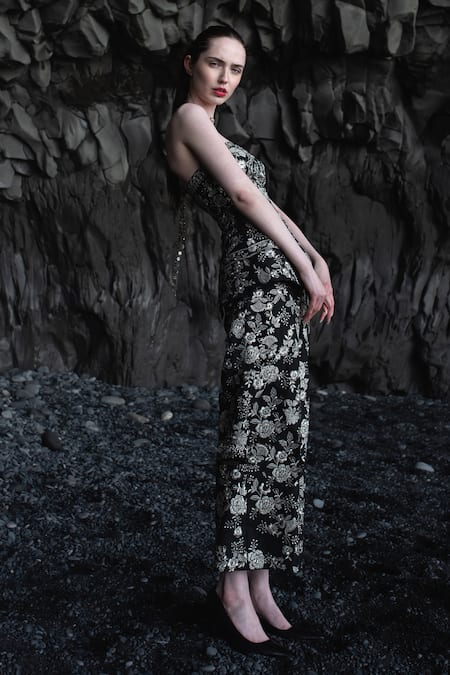 Buy_Dash And Dot_Black Polyester, Viscose, Spandex Embroidery Metallic Wide Legged Pant _Online_at_Aza_Fashions