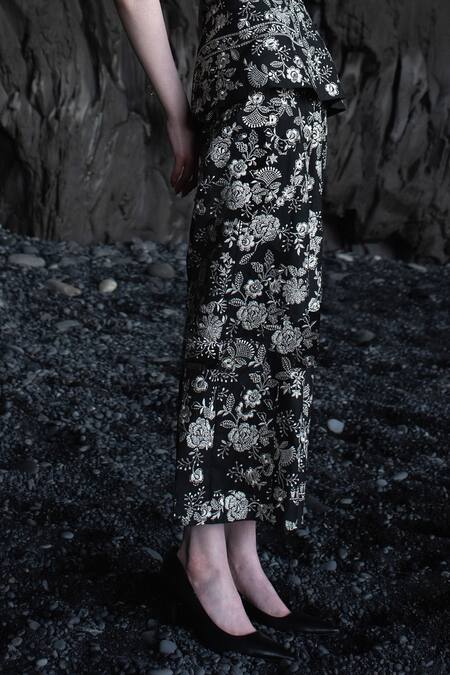 Shop_Dash And Dot_Black Polyester, Viscose, Spandex Embroidery Metallic Wide Legged Pant _Online_at_Aza_Fashions