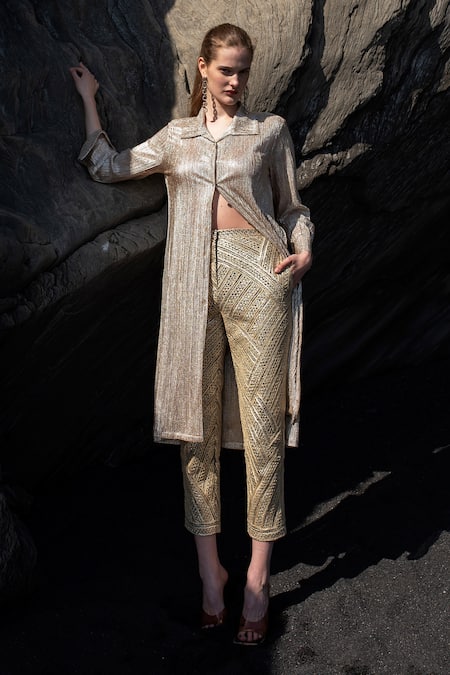 Dash And Dot_Gold Polyester Collared Shimmering Longline Shirt _Online_at_Aza_Fashions