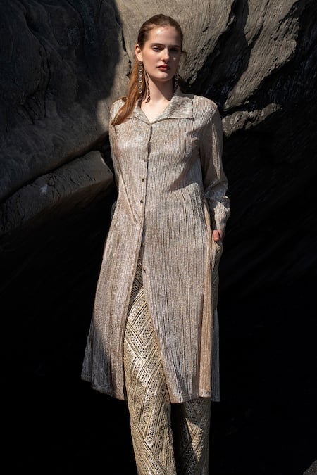 Buy_Dash And Dot_Gold Polyester Collared Shimmering Longline Shirt _Online_at_Aza_Fashions