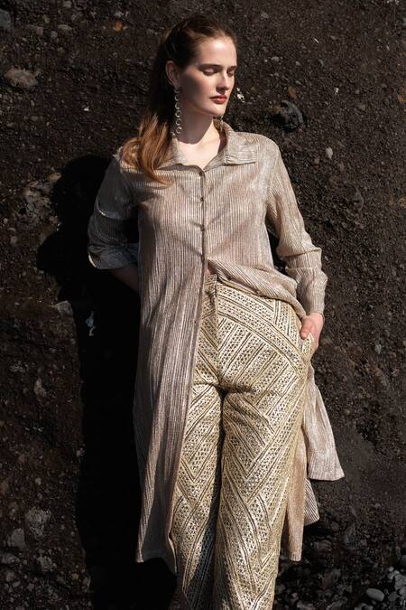 Shop_Dash And Dot_Gold Polyester Collared Shimmering Longline Shirt _Online_at_Aza_Fashions