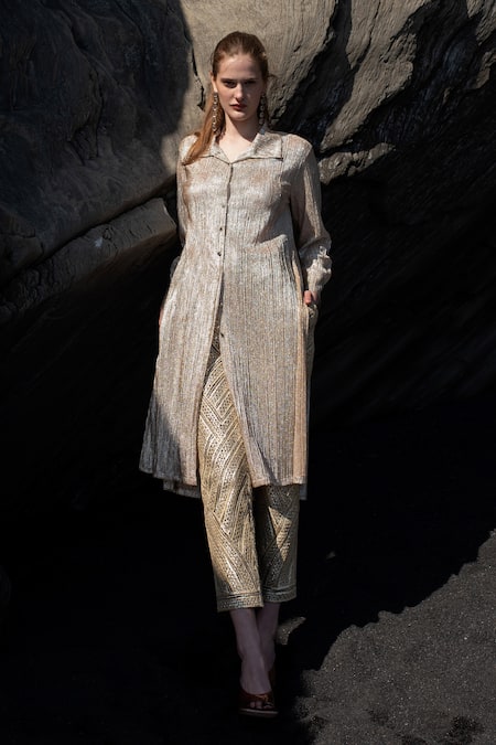 Shop Dash And Dot Gold Nylon Gota Patti High Waisted Embroidered Pant at Aza Fashions Shop_Dash And Dot_Gold Nylon Gota Patti High Waisted Embroidered Pant _at_Aza_Fashions