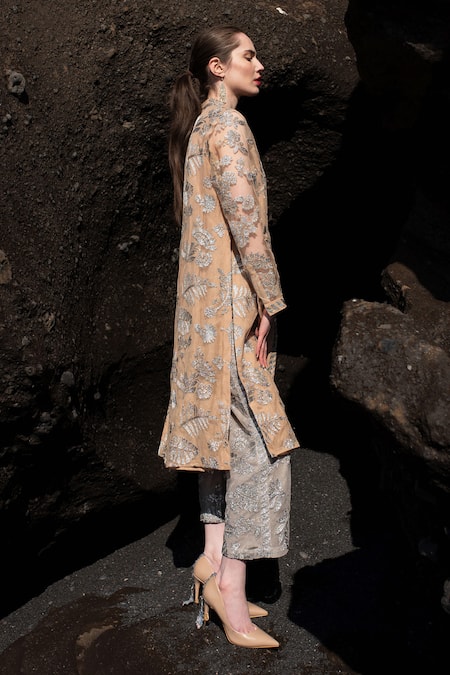 Shop Dash And Dot Pink Nylon Embroidery Collared Metallic Badla Stitch Longline Shirt Online at Aza Fashions Shop_Dash And Dot_Pink Nylon Embroidery Collared Metallic Badla Stitch Longline Shirt _Online_at_Aza_Fashions