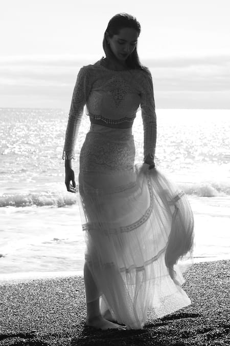 Dash And Dot Pearl Embroidered Fringe Crop Top 