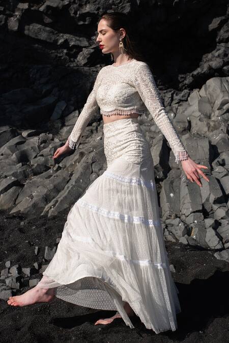 Dash And Dot Pearl Embroidered Fringe Crop Top 