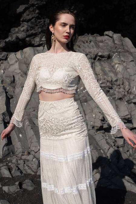 Dash And Dot White Nylon Pearls, Embroidery Round Neck Fringe Crop Top Online at Aza Fashions Dash And Dot_White Nylon Pearls, Embroidery Round Neck Fringe Crop Top _Online_at_Aza_Fashions