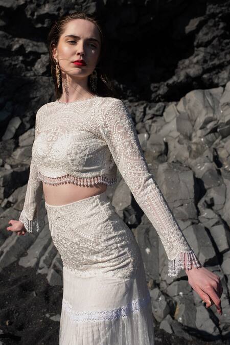 Buy Dash And Dot White Nylon Pearls, Embroidery Round Neck Fringe Crop Top Online at Aza Fashions Buy_Dash And Dot_White Nylon Pearls, Embroidery Round Neck Fringe Crop Top _Online_at_Aza_Fashions