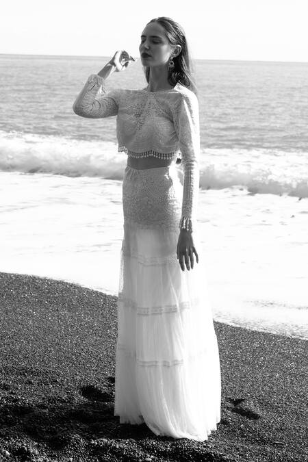 Dash And Dot White Nylon Pearls, Embroidery Round Neck Fringe Crop Top at Aza Fashions Dash And Dot_White Nylon Pearls, Embroidery Round Neck Fringe Crop Top _at_Aza_Fashions