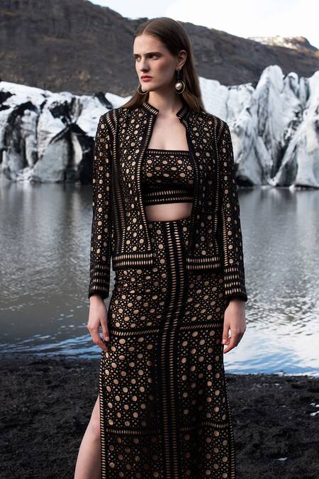 Dash And Dot_Black Polyester Cut Work Bandeau Neck Caning And Jacket Set_Online_at_Aza_Fashions