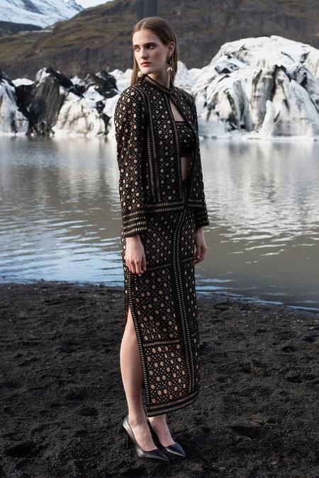 Buy_Dash And Dot_Black Polyester Cut Work Bandeau Neck Caning And Jacket Set_Online_at_Aza_Fashions