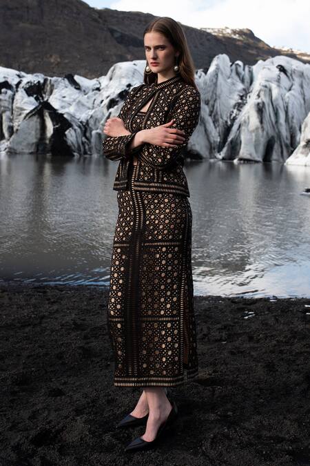 Shop_Dash And Dot_Black Polyester Cut Work Bandeau Neck Caning And Jacket Set_Online_at_Aza_Fashions