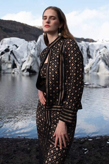 Dash And Dot_Black Polyester Cut Work Bandeau Neck Caning And Jacket Set_at_Aza_Fashions