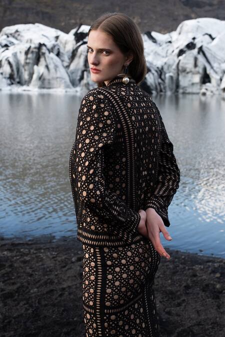 Shop Dash And Dot Black Polyester Bandeau Neck Caning Cut Work And Skirt Set at Aza Fashions Shop_Dash And Dot_Black Polyester Bandeau Neck Caning Cut Work And Skirt Set_at_Aza_Fashions