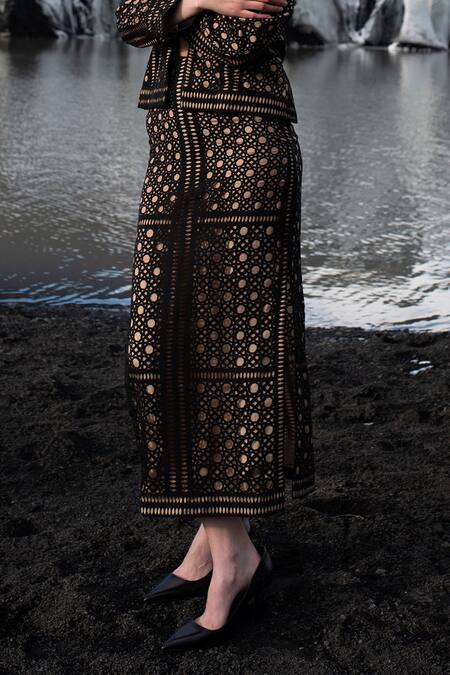 Shop Dash And Dot Black Polyester Bandeau Neck Caning Cut Work And Skirt Set Online at Aza Fashions Shop_Dash And Dot_Black Polyester Bandeau Neck Caning Cut Work And Skirt Set_Online_at_Aza_Fashions