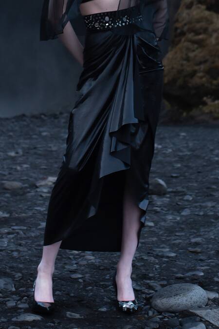 Dash And Dot_Black Nylon, Polyester Mirrors Square Neck Work Bralette And Skirt Set_Online_at_Aza_Fashions