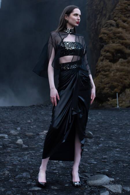 Buy_Dash And Dot_Black Nylon, Polyester Mirrors Square Neck Work Bralette And Skirt Set_Online_at_Aza_Fashions