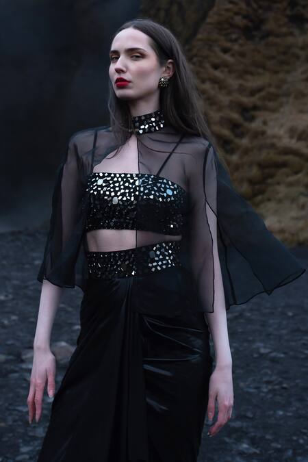 Shop_Dash And Dot_Black Nylon, Polyester Mirrors Square Neck Work Bralette And Skirt Set_Online_at_Aza_Fashions