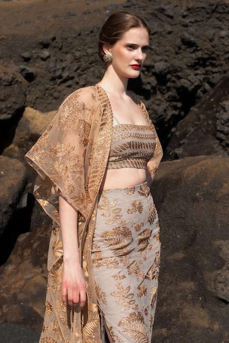 Dash And Dot_Silver Nylon Embroidery Bandeau Neck Tropical Badla Work Cape And Skirt Set _Online_at_Aza_Fashions