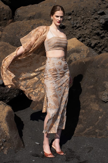 Buy_Dash And Dot_Silver Nylon Embroidery Bandeau Neck Tropical Badla Work Cape And Skirt Set _Online_at_Aza_Fashions