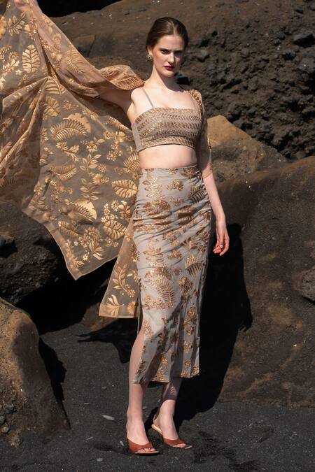 Shop_Dash And Dot_Silver Nylon Embroidery Bandeau Neck Tropical Badla Work Cape And Skirt Set _Online_at_Aza_Fashions