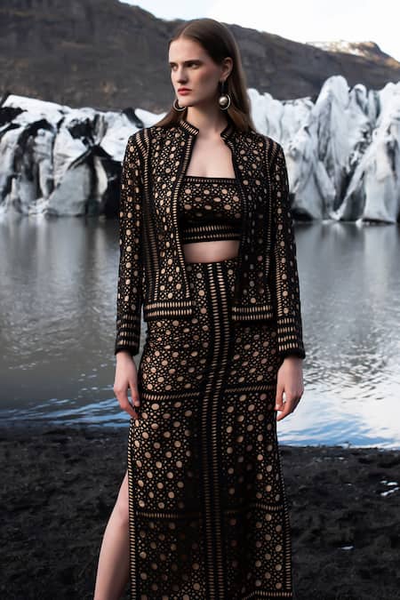 Dash And Dot_Black Polyester Cut Work Bandeau Neck Caning Jacket Skirt Set _Online_at_Aza_Fashions