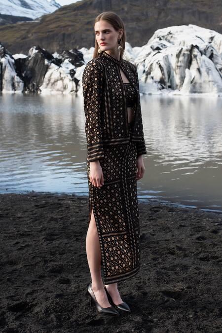 Buy_Dash And Dot_Black Polyester Cut Work Bandeau Neck Caning Jacket Skirt Set _Online_at_Aza_Fashions