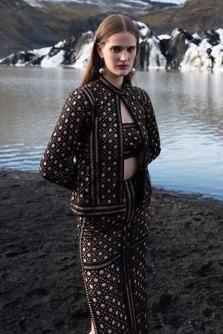 Shop_Dash And Dot_Black Polyester Cut Work Bandeau Neck Caning Jacket Skirt Set _Online_at_Aza_Fashions