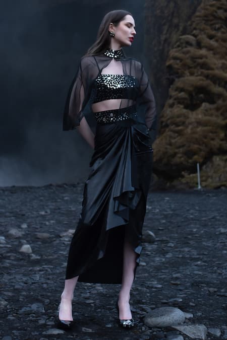 Dash And Dot Black Nylon, Viscose, Polyester Mirrors, Embroidery Work Bralette Skirt Set Online at Aza Fashions Dash And Dot_Black Nylon, Viscose, Polyester Mirrors, Embroidery Work Bralette Skirt Set _Online_at_Aza_Fashions