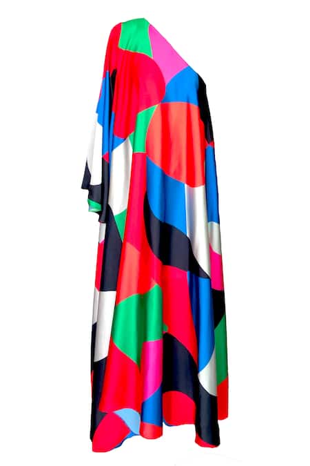 Dash And Dot_Multi Color Polyester One Shoulder Abstract Print Dress_Online_at_Aza_Fashions