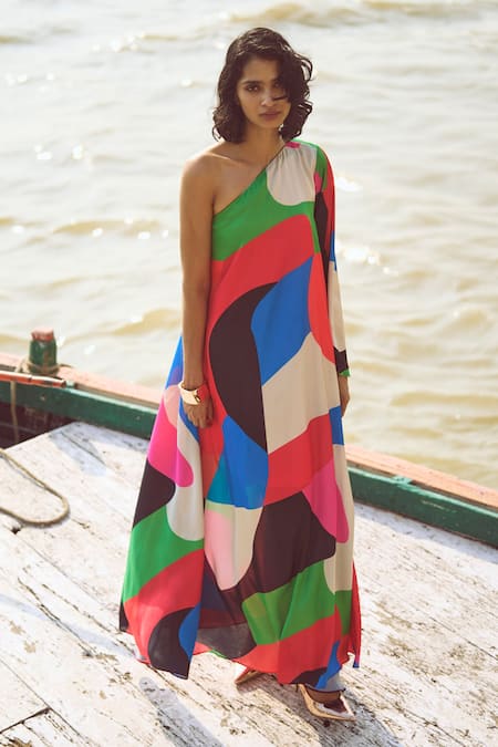 Buy_Dash And Dot_Multi Color Polyester One Shoulder Abstract Print Dress_Online_at_Aza_Fashions